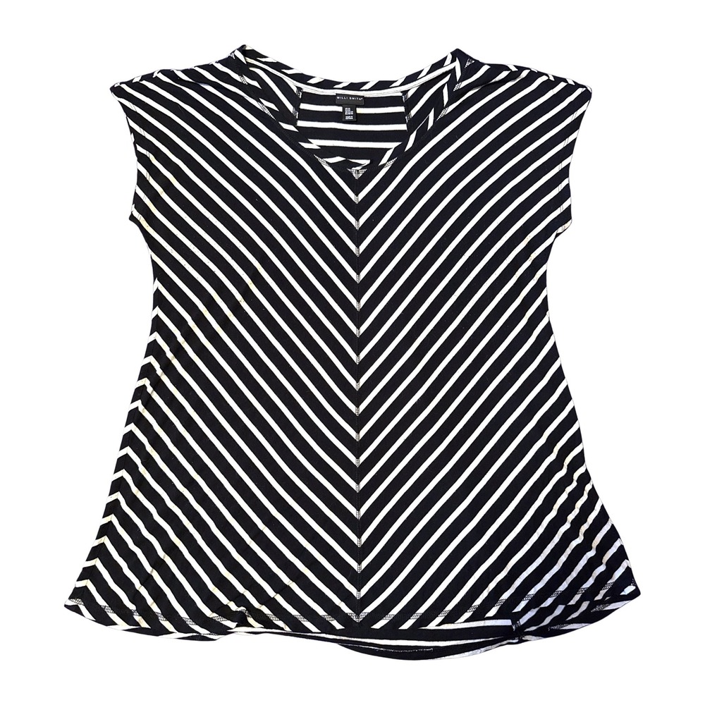 Willi Smith Womens 2X Black White Striped Chevron V-Neck Short Sleeve Knit Top